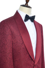 Luxury Burgundy Jacquard One Button Silk Shawl Lapel Mens Suits for Wedding and Prom-Ballbella