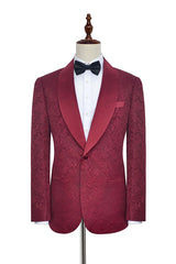 Luxury Burgundy Jacquard One Button Silk Shawl Lapel Mens Suits for Wedding and Prom-Ballbella