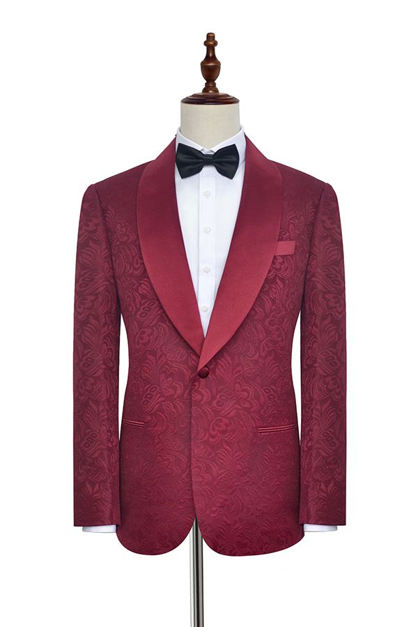 Luxury Burgundy Jacquard One Button Silk Shawl Lapel Mens Suits for Wedding and Prom-Ballbella