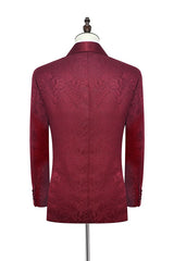 Luxury Burgundy Jacquard One Button Silk Shawl Lapel Mens Suits for Wedding and Prom-Ballbella