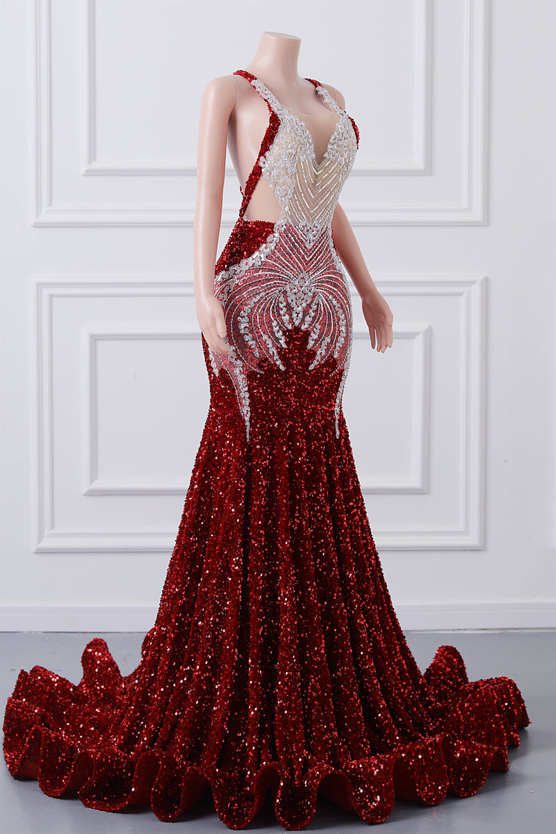 burgundy sequin mermaid prom dress V-Neck Sleeveless Side Slit Sequins Burgundy Mermaid Prom Dresses,MP461