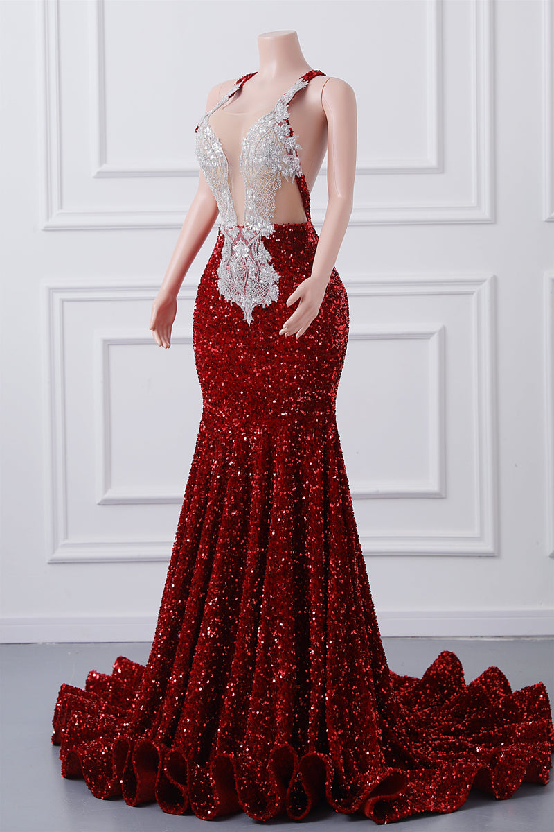 Luxury Burgundy Sequin Mermaid Silver Beaded Court Trian Prom Dresses Luxury Burgundy Sequin Mermaid Silver Beaded Court Trian Prom Dresses