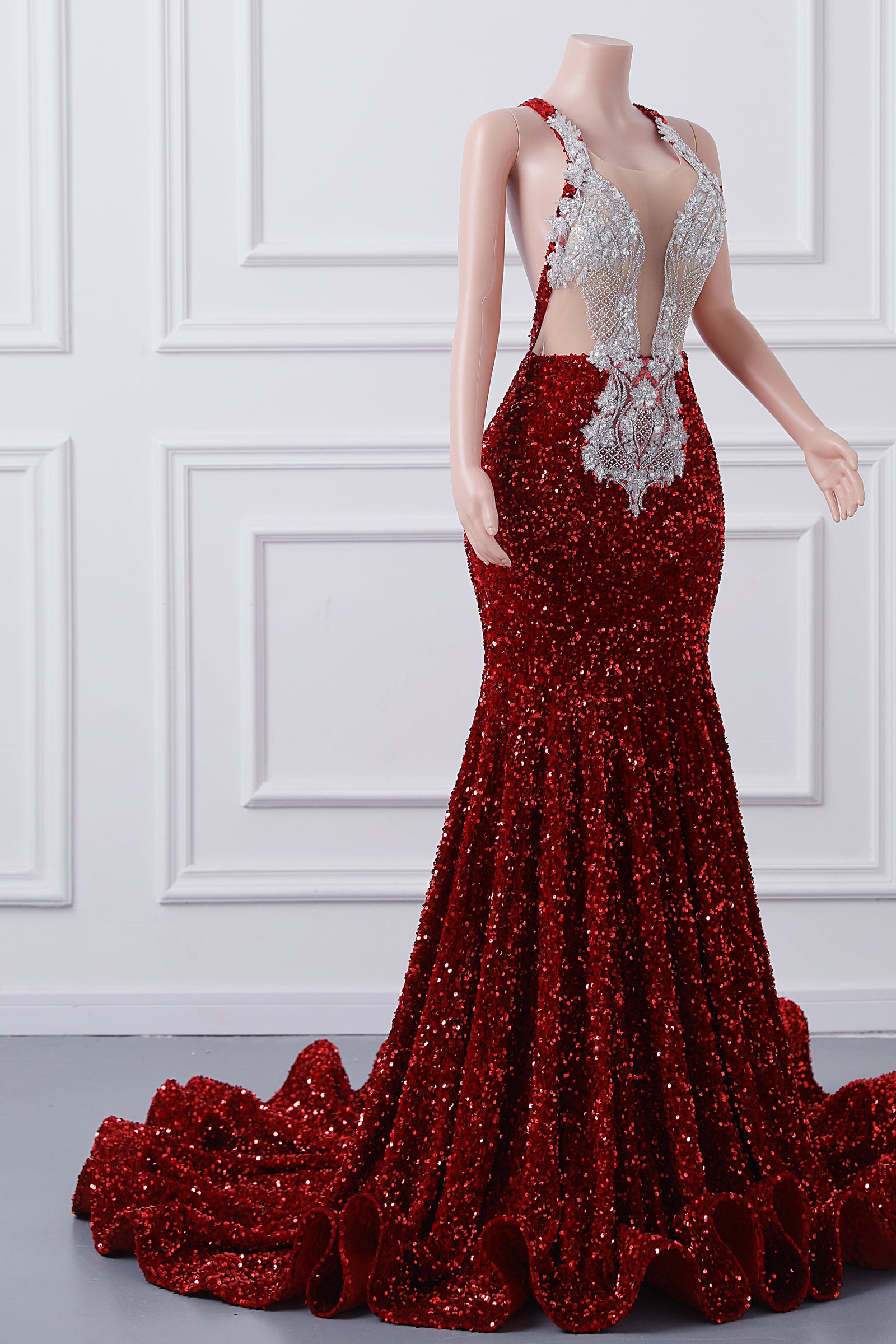 Luxury Burgundy Sequin Mermaid Silver Beaded Court Trian Prom Dresses