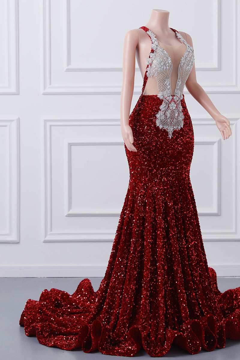 Luxury Burgundy Sequin Mermaid Silver Beaded Court Trian Prom Dresses Luxury Burgundy Sequin Mermaid Silver Beaded Court Trian Prom Dresses