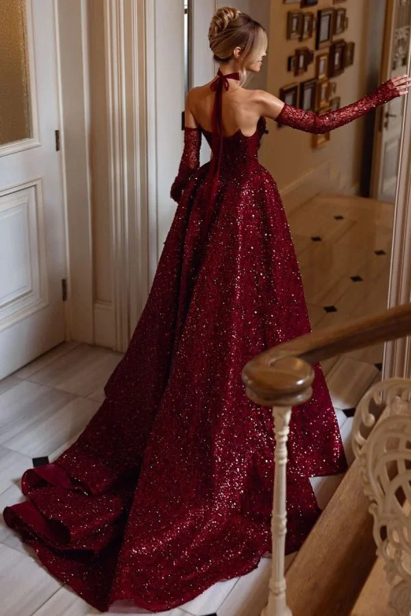 strapless open back dress Lace-Up Strapless Long Tulle Prom Dress with Glitter Iridescent/Nude / 8