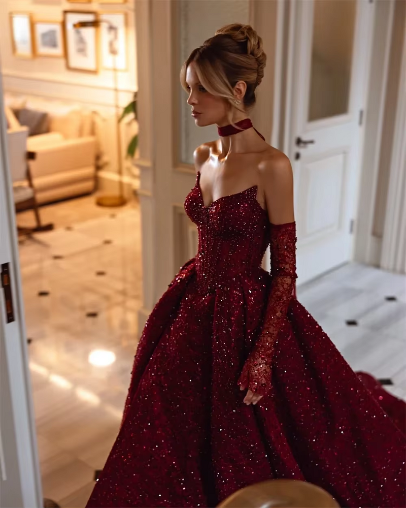 a line princess dress Luxury Burgundy Strapless A-line Princess Floor length Prom Dresses