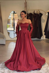 Luxury Burgundy Strapless A-Line Satin Prom Dresses Detachable Sleeves With Pleats-Ballbella
