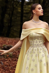 Luxury Daffodil Off-The-Shoulder A-Line Prom Dresses Beads With Ruffle Zipper-Ballbella