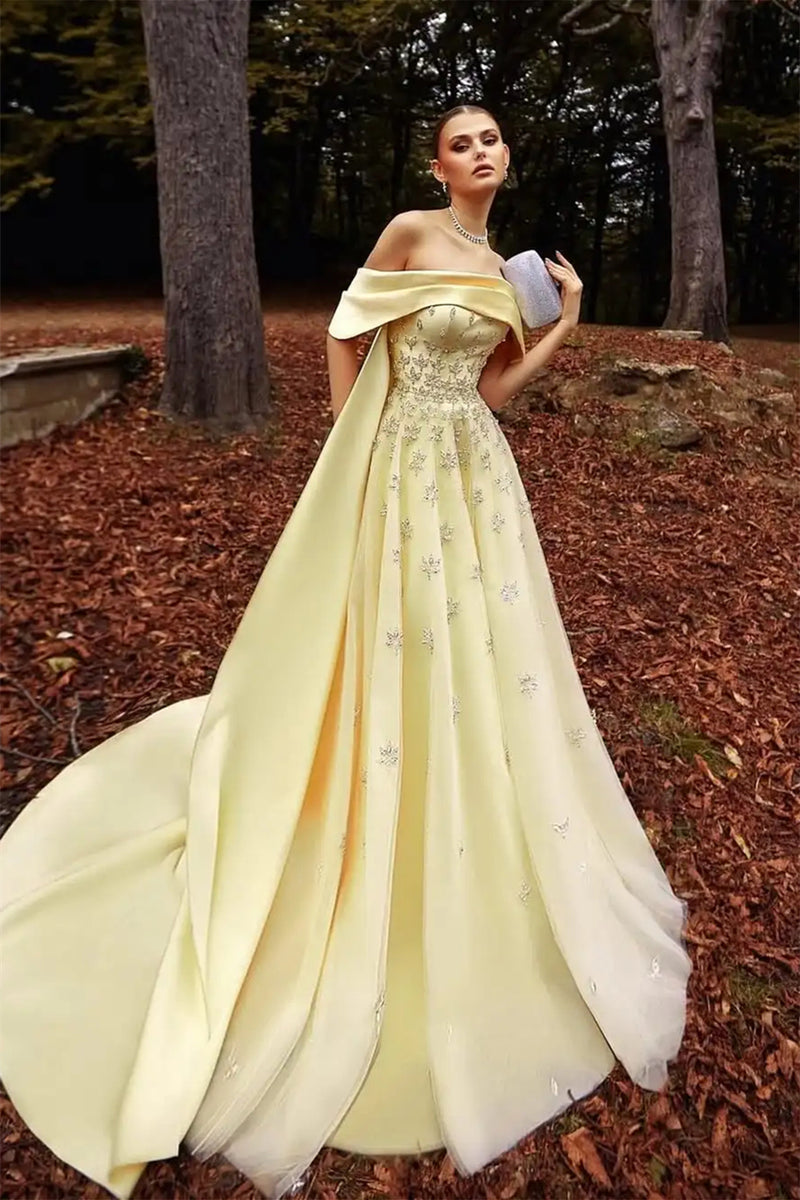 daffodil yellow prom dress Luxury Daffodil Off-The-Shoulder A-Line Prom Dresses Beads With Ruffle Zipper