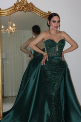 Luxury Dark Green Sweetheart Mermaid Prom Dresses Sequins Lace-Up Back With Overskirt-Ballbella