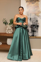 Luxury Dark Green Sweetheart Strapless Satin Prom Dress A-Line Sleeveless With Lace-Up Back-Ballbella