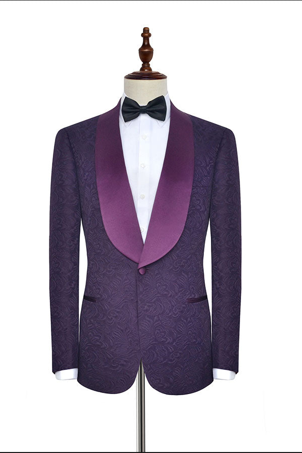 Luxury Dark Purple One Button Wedding Tuxedos Silk Shawl Lapel Jacquard Prom Suits-Ballbella