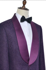 Luxury Dark Purple One Button Wedding Tuxedos Silk Shawl Lapel Jacquard Prom Suits-Ballbella