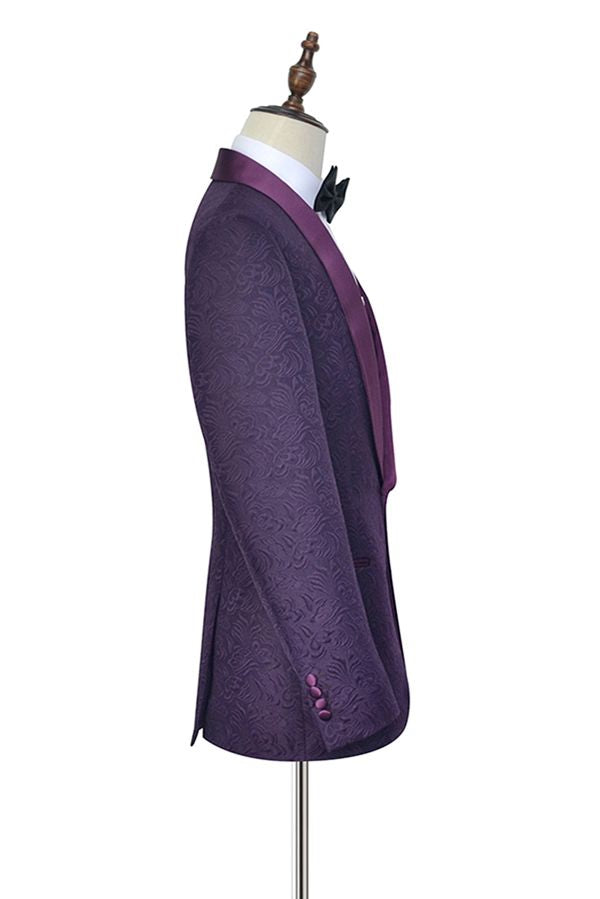 Luxury Dark Purple One Button Wedding Tuxedos Silk Shawl Lapel Jacquard Prom Suits-Ballbella