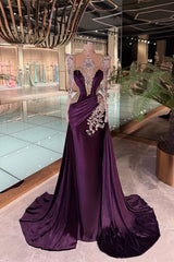 Luxury Grape Halter Long Sleeves Mermaid Prom Dresses Column Gem With Pleats-Ballbella
