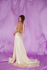 Luxury Halter Sleeveless Satin Prom Dresses Backless Long With Side Slit-Ballbella