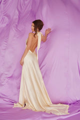 Luxury Halter Sleeveless Satin Prom Dresses Backless Long With Side Slit-Ballbella