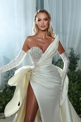 Luxury Ivory Sweetheart High Split Satin Mermaid Wedding Dresses-Ballbella