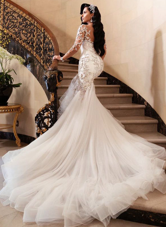 Luxury Lace Long Sleeves Mermaid Fitted Wedding Dresses-Ballbella