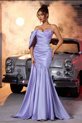 Luxury Lavender Sweetheart One Shoulder Satin Prom Dresses Column Beads With Pleats-Ballbella