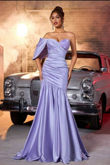 Luxury Lavender Sweetheart One Shoulder Satin Prom Dresses Column Beads With Pleats-Ballbella
