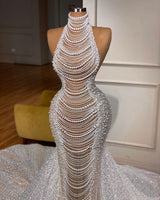 Luxury Long Mermaid Halter Beading Sleeveless Wedding Dress With Pearls-Ballbella