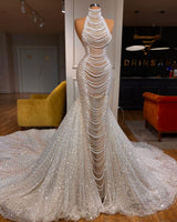 Luxury Long Mermaid Halter Beading Sleeveless Wedding Dress With Pearls-Ballbella