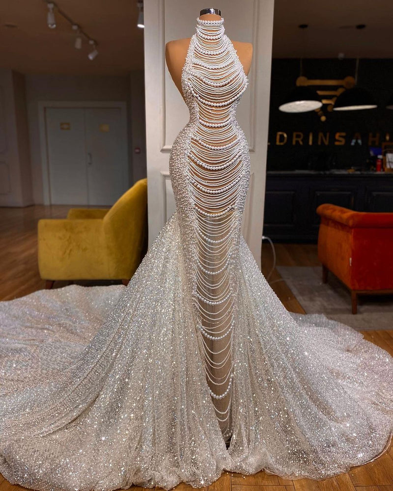 Luxury Long Mermaid Halter Beading Sleeveless Wedding Dress With Pearls-Ballbella