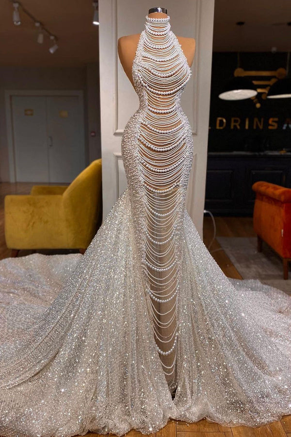 Luxury Long Mermaid Halter Beading Sleeveless Wedding Dress With Pearls-Ballbella