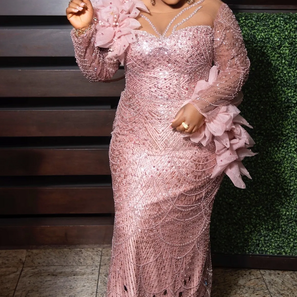 Luxury Long Sleeves Pink Flowers Floor Length Mermaid Plus Size Prom Dresses