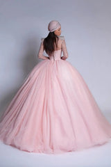 Luxury Pink High Collar Long Sleeves Prom Dresses Ball Gown Gem With Lace-Up Back-Ballbella