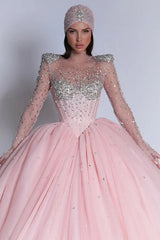 Luxury Pink High Collar Long Sleeves Prom Dresses Ball Gown Gem With Lace-Up Back-Ballbella