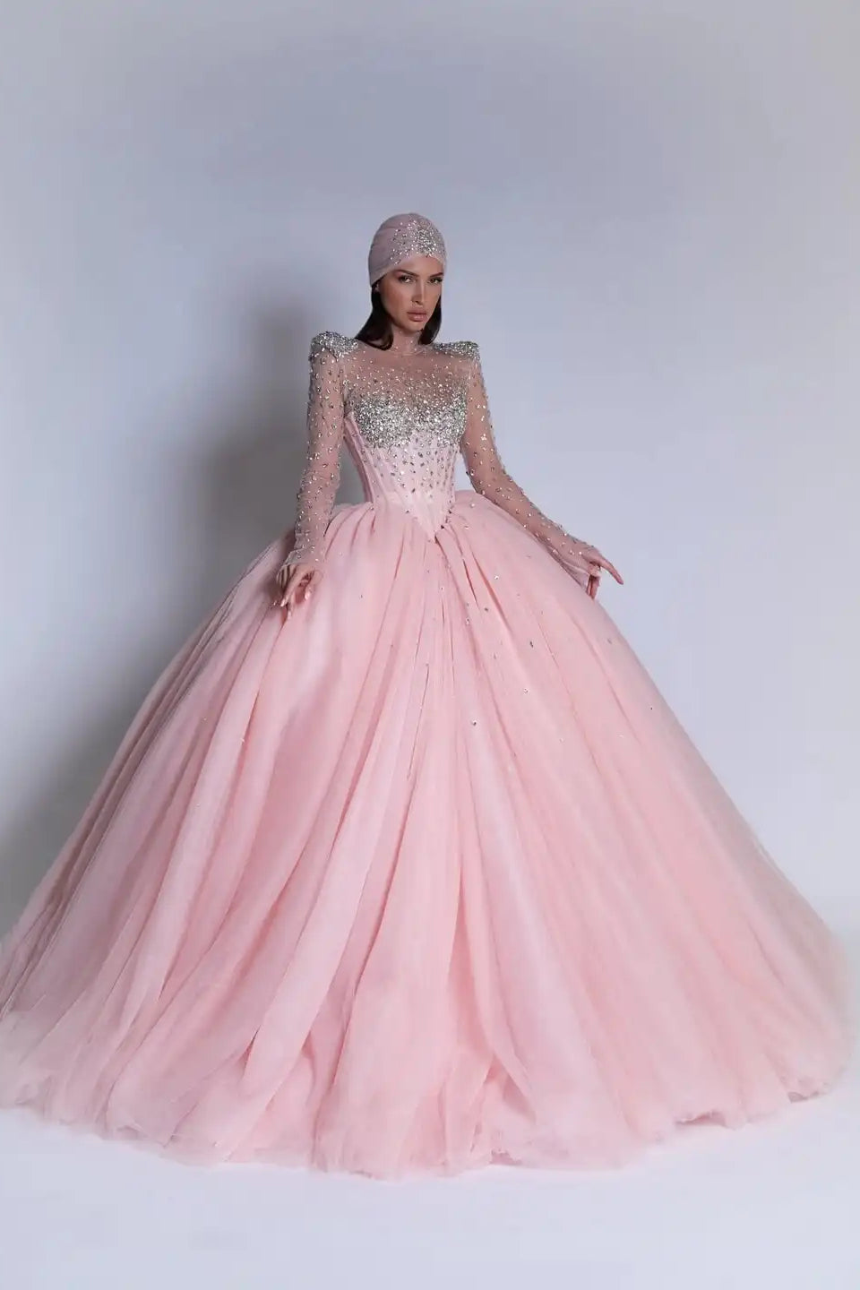 Luxury Pink High Collar Long Sleeves Prom Dresses Ball Gown Gem with Lace-Up Back