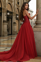 Luxury Red Halter Sweetheart Sleeveless A-Line Prom Dresses Sequin Lace With Bow Knot-Ballbella