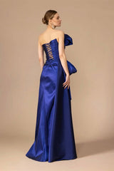 Luxury Royal Blue Strapless A-line Satin Prom Dress Sleeveless Side Split With Lace-Up Back-Ballbella