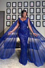 Luxury Royal Blue V-neck Lace Mermaid Prom Dresses Sleeveless Sheath Ribbons With Beads-Ballbella