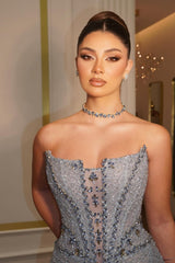Luxury Strapless Sleeveless Mermaid Prom Dresses Column Gem With Lace-Up Back-Ballbella