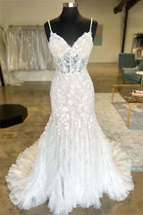 Luxury Sweetheart Sleeveless Mermaid Wedding Dresses Spaghetti-Straps Appliques Lace Open Back With Ruffles-Ballbella