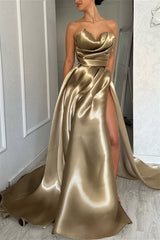 Luxury Sweetheart Strapless Sleeveless Satin Prom Dresses A-Line High Split With Pleats-Ballbella