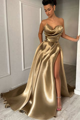 Luxury Sweetheart Strapless Sleeveless Satin Prom Dresses A-Line High Split With Pleats-Ballbella