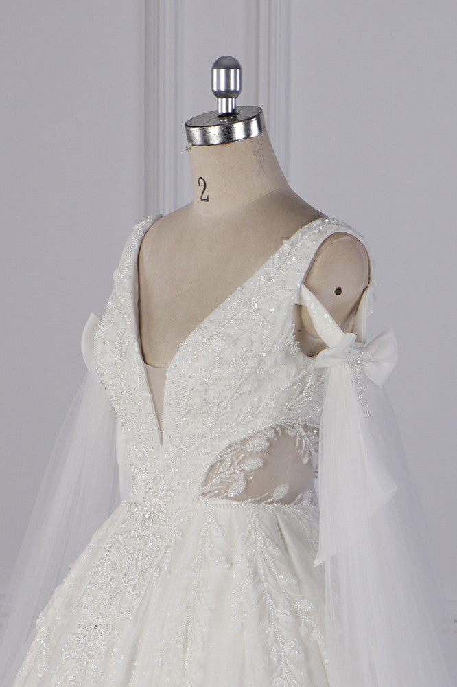 Luxury V-Neck Beadings Wedding Dress Tulle Sleeveless Sequined Bridal Gowns-Ballbella