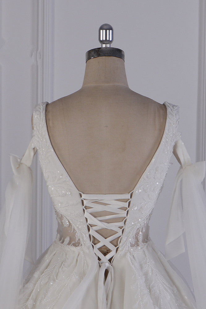 Luxury V-Neck Beadings Wedding Dress Tulle Sleeveless Sequined Bridal Gowns-Ballbella