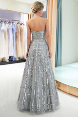 MARJORY A-line Floor Length Strapless Sequined Chiffon Party Dresses-Ballbella