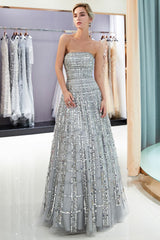 MARJORY A-line Floor Length Strapless Sequined Chiffon Party Dresses-Ballbella