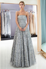 MARJORY A-line Floor Length Strapless Sequined Chiffon Party Dresses-Ballbella