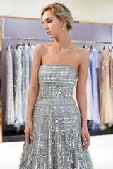 MARJORY A-line Floor Length Strapless Sequined Chiffon Party Dresses-Ballbella