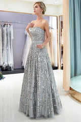 MARJORY A-line Floor Length Strapless Sequined Chiffon Party Dresses-Ballbella