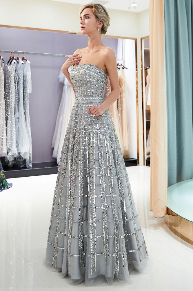 MARJORY A-line Floor Length Strapless Sequined Chiffon Party Dresses-Ballbella