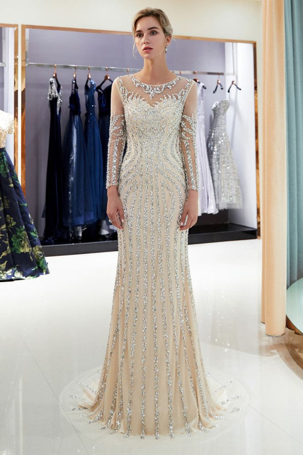 Ballbella offers MARLENE Mermaid Sequined Pattern Long Sleevess Evening Dresses at a cheap price from Gold, Champagne, Gray,  Stretch Satin to Mermaid Floor-length hem. Gorgeous yet affordable Long Sleevess Prom Dresses, Evening Dresses.