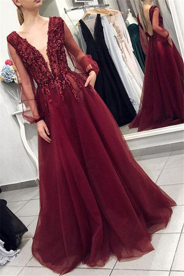 Still not know where to get your event dresses online? Ballbella offer you Maroon V-Neck Long Sleevess Applique Prom Dresses Tulle Evening Dresses with Beads at factory price,  fast delivery worldwide.